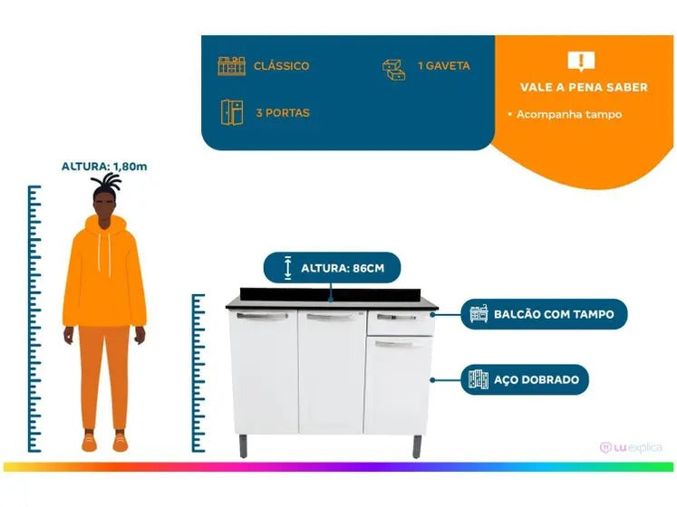 Balcão de Cozinha com Tampo Itatiaia Aço - 3 Portas 1 Gaveta Rose