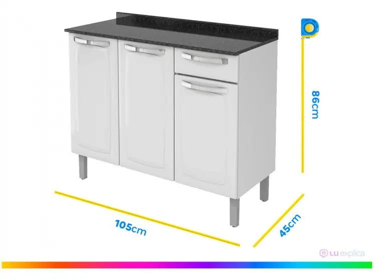 Balcão de Cozinha com Tampo Itatiaia Aço - 3 Portas 1 Gaveta Rose