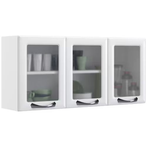 Armário de Cozinha Aéreo Itatiaia Aço 3 Portas C/Vidro New Premium Branco