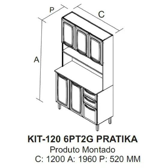 Armário De Cozinha Pratika 120cm 6 Portas E 2 Gavetas Itatiaia Branco Neve