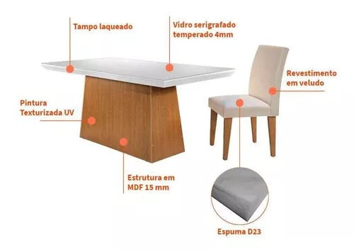 Mesa Sala Jantar Luna 4 Cadeiras C/ Tampo Madeirado C/ Vidro Canto Reto 90cm - Rufato