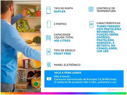 Geladeira Electrolux Frost Free 400L Turbo Congelamento Duplex Cor Inox DFX44